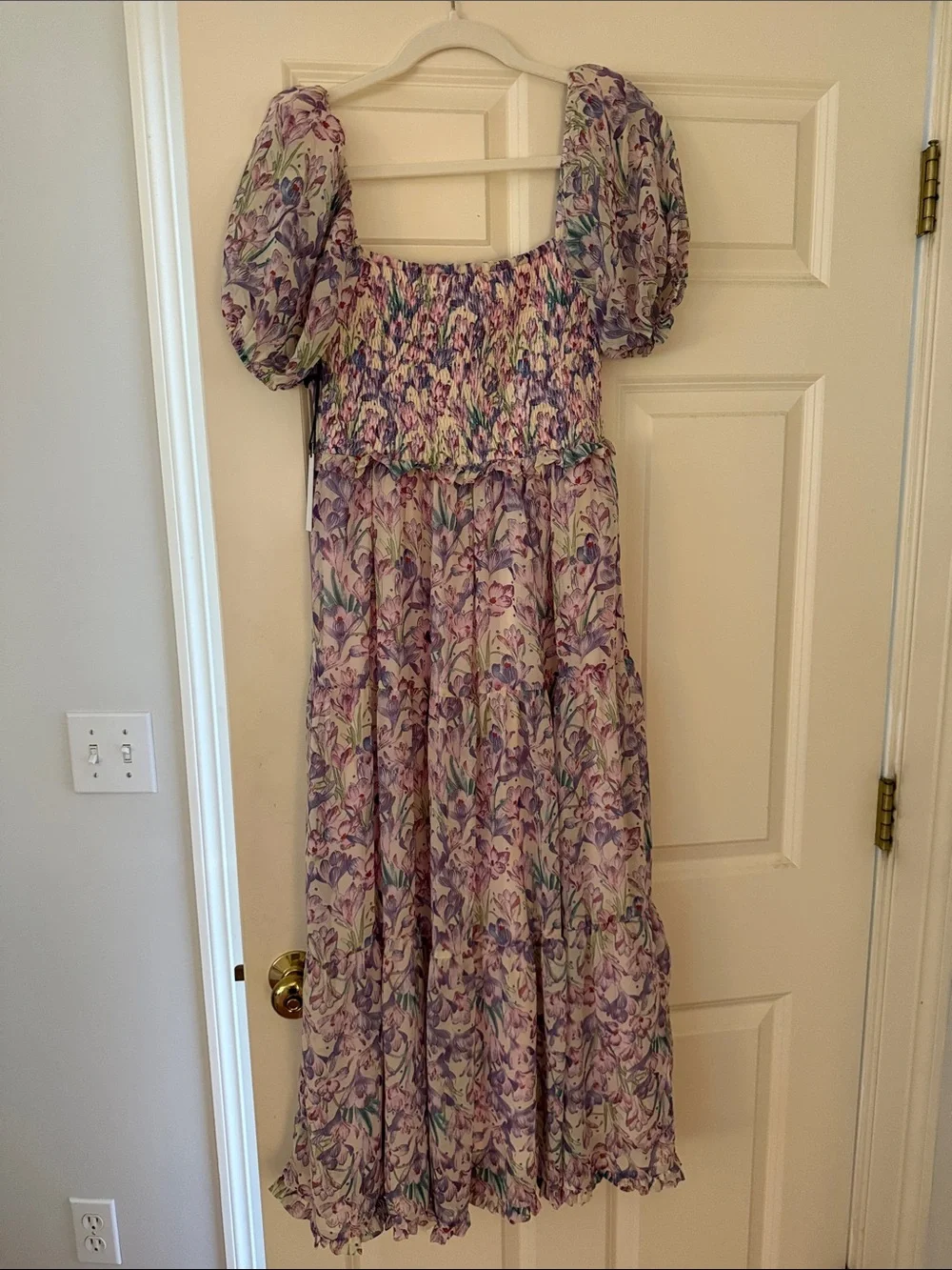 Astr Floral Puff-Sleeve Midi Dress in Lavender and Green